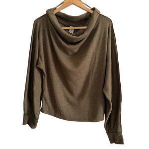 FREE PEOPLE | We the Free Olive Ribbed Slub Knit Cowl Neck Tee Blouson Sleeves
